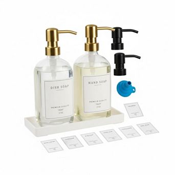 Glass Soap Dispenser Set with Tray Waterproof Labels Rustproof Pump Kitchen Bathroom Decor