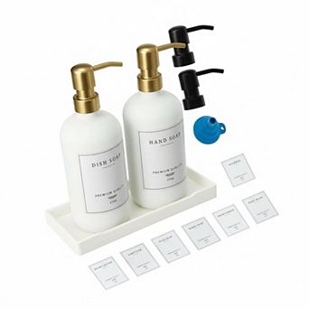 Glass Soap Dispenser Set with Tray Waterproof Labels Rustproof Pump Kitchen Bathroom Decor