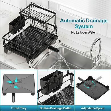 Expandable 2 Tier Dish Drying Rack Heavy Duty Rust Resistant Auto Drain Utensil Cup Holder