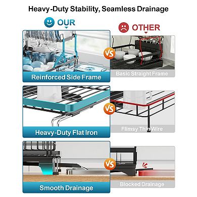 Expandable 2 Tier Dish Drying Rack Heavy Duty Rust Resistant Auto Drain Utensil Cup Holder