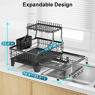 Expandable 2 Tier Dish Drying Rack Heavy Duty Rust Resistant Auto Drain Utensil Cup Holder