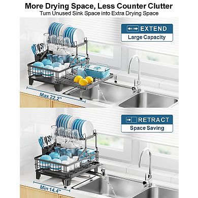 Expandable 2 Tier Dish Drying Rack Heavy Duty Rust Resistant Auto Drain Utensil Cup Holder