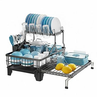 Expandable 2 tier Dish Drying Rack Heavy Duty Rust Resistant Auto Drain Utensil Cup Holder