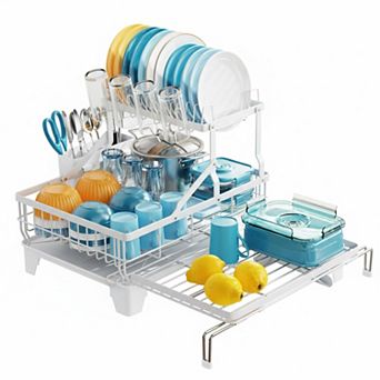Expandable 2 tier Dish Drying Rack Heavy Duty Rust Resistant Auto Drain Utensil Cup Holder