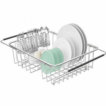 Expandable 304 Stainless Steel Dish Drainer Rack with Utensil Holder In/Over Sink Rustproof