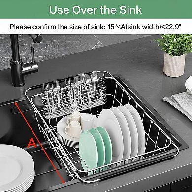 Expandable 304 Stainless Steel Dish Drainer Rack with Utensil Holder In/Over Sink Rustproof