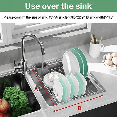 Expandable 304 Stainless Steel Dish Drainer Rack with Utensil Holder In/Over Sink Rustproof