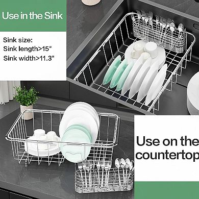 Expandable 304 Stainless Steel Dish Drainer Rack with Utensil Holder In/Over Sink Rustproof