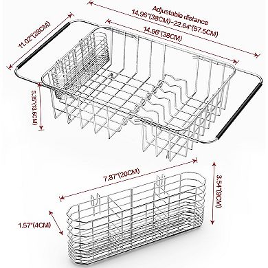 Expandable 304 Stainless Steel Dish Drainer Rack with Utensil Holder In/Over Sink Rustproof