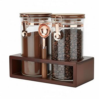 Glass Coffee Container Set 2x40oz Airtight Storage Wooden Shelf Rose Gold Spoon