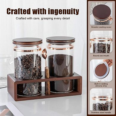 Glass Coffee Container Set 2x40oz Airtight Storage Wooden Shelf Rose Gold Spoon
