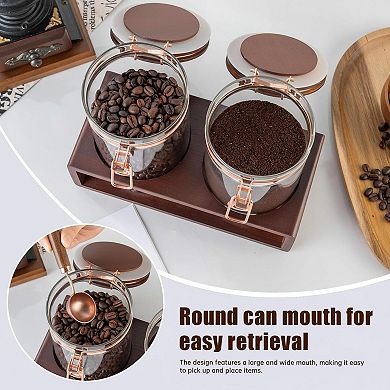 Glass Coffee Container Set 2x40oz Airtight Storage Wooden Shelf Rose Gold Spoon