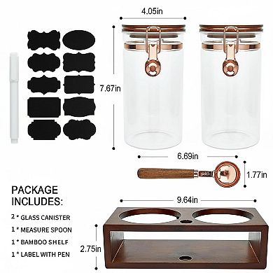 Glass Coffee Container Set 2x40oz Airtight Storage Wooden Shelf Rose Gold Spoon
