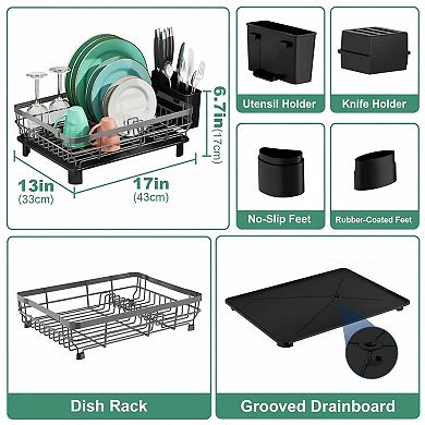 Stainless Steel Kitchen Dish Drying Rack w/ Removable Utensil Holder, Large Capacity Efficient