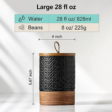 Ceramic Airtight Coffee Canister w/Wooden Lid Stackable Food Storage Jar for Beans Spices Farmhouse