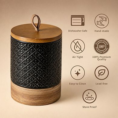 Ceramic Airtight Coffee Canister w/Wooden Lid Stackable Food Storage Jar for Beans Spices Farmhouse