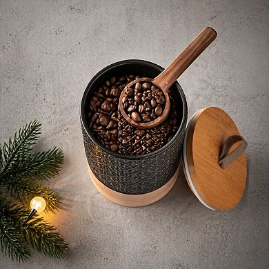 Ceramic Airtight Coffee Canister w/Wooden Lid Stackable Food Storage Jar for Beans Spices Farmhouse