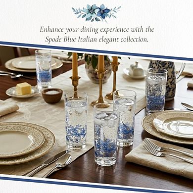 Spode Blue Italian Highball Glasses Set of 4, 15 oz, Tall Drinkware