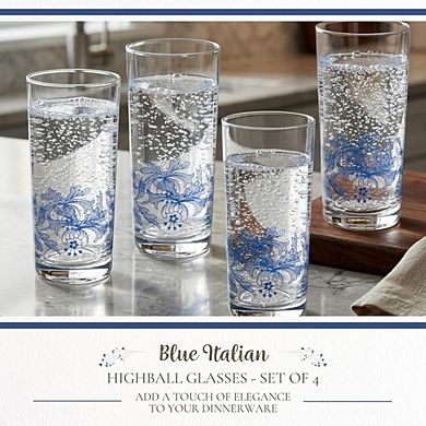 Spode Blue Italian Highball Glasses Set of 4, 15 oz, Tall Drinkware