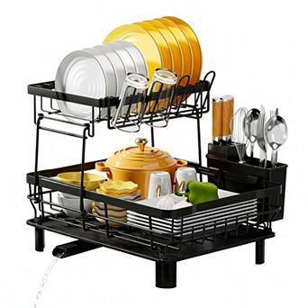 2 tier Stainless Steel Dish Drying Rack w/ Removable Utensil Holder, Drainboard Efficient Drainage