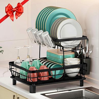 2 Tier Stainless Steel Dish Drying Rack w/ Removable Utensil Holder, Drainboard Efficient Drainage