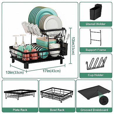 2 Tier Stainless Steel Dish Drying Rack w/ Removable Utensil Holder, Drainboard Efficient Drainage