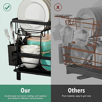 2 Tier Stainless Steel Dish Drying Rack w/ Removable Utensil Holder, Drainboard Efficient Drainage