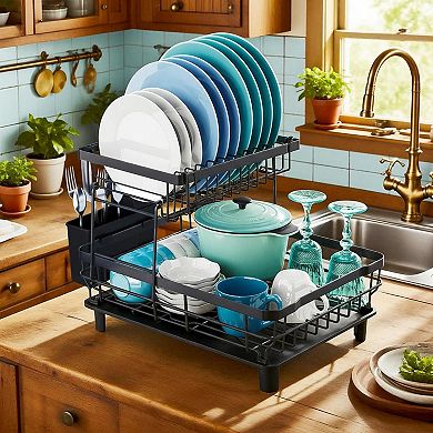 2 Tier Stainless Steel Dish Drying Rack w/ Removable Utensil Holder, Drainboard Efficient Drainage