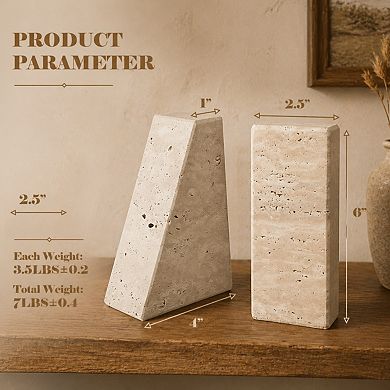 Travertine Bookends Heavy Duty Natural Stone for Shelves Decorative Book Stopper Holder