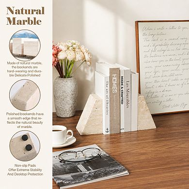 Travertine Bookends Heavy Duty Natural Stone for Shelves Decorative Book Stopper Holder