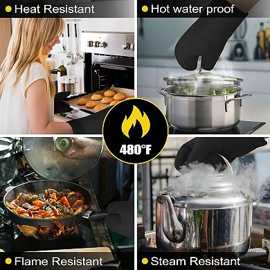 8pcs Oven Mitts Pot Holders Set 480°F Heat Resistant Extra Long Silicone Non-Slip Cotton Lining