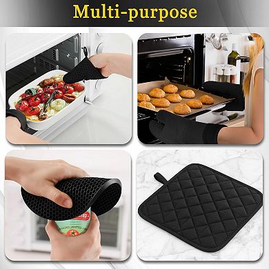 8pcs Oven Mitts Pot Holders Set 480°F Heat Resistant Extra Long Silicone Non-Slip Cotton Lining