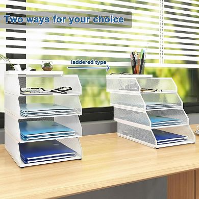 4 tier Stackable Metal Mesh Desk Organizer Laddered Tray File Document Storage
