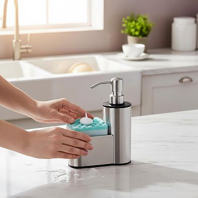 Stainless Steel Soap Dispenser with Sponge Holder 12 Oz Kitchen Bathroom Organizer