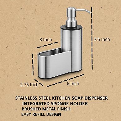 Stainless Steel Soap Dispenser with Sponge Holder 12 Oz Kitchen Bathroom Organizer