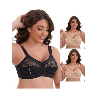 3 Packs Women's V-Neck Full Cup Wireless Adjustable Straps Bralette Lace Back Double Breasted Bras