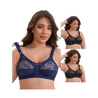 3 Packs Women's V-Neck Full Cup Wireless Adjustable Straps Bralette Lace Back Double Breasted Bras