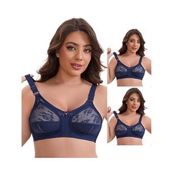 3 Packs Women's V-Neck Full Cup Wireless Adjustable Straps Bralette Lace Back Double Breasted Bras