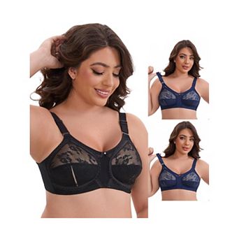 3 Packs Women's V-Neck Full Cup Wireless Adjustable Straps Bralette Lace Back Double Breasted Bras
