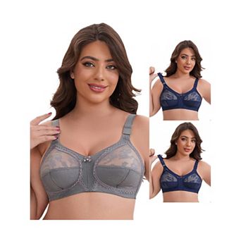 3 Packs Women's V-Neck Full Cup Wireless Adjustable Straps Bralette Lace Back Double Breasted Bras