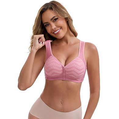 3 Packs Women's Lace Front Closure Full Cup Wireless Bra V-Neck Wide Straps Soft Push Up Bras