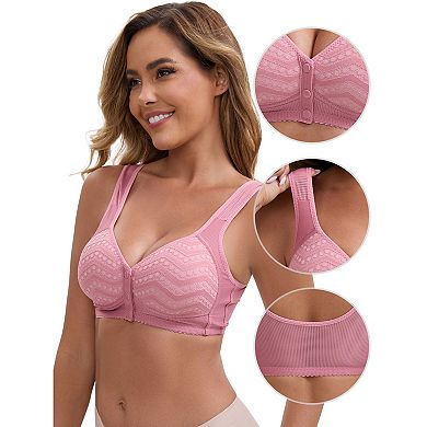 3 Packs Women's Lace Front Closure Full Cup Wireless Bra V-Neck Wide Straps Soft Push Up Bras