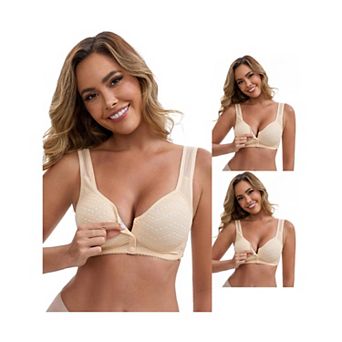 3 Packs Women's Lace Front Closure Full Cup Wireless Bra V-Neck Wide Straps Soft Push Up Bras