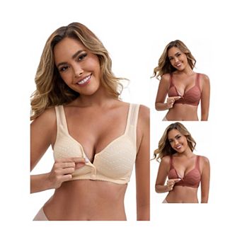 3 Packs Women's Lace Front Closure Full Cup Wireless Bra V-Neck Wide Straps Soft Push Up Bras