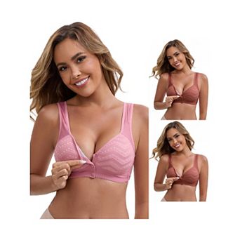 3 Packs Women's Lace Front Closure Full Cup Wireless Bra V-Neck Wide Straps Soft Push Up Bras