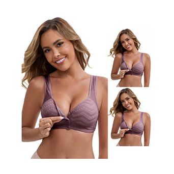 3 Packs Women's Lace Front Closure Full Cup Wireless Bra V-Neck Wide Straps Soft Push Up Bras