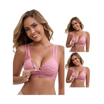 3 Packs Women's Lace Front Closure Full Cup Wireless Bra V-Neck Wide Straps Soft Push Up Bras
