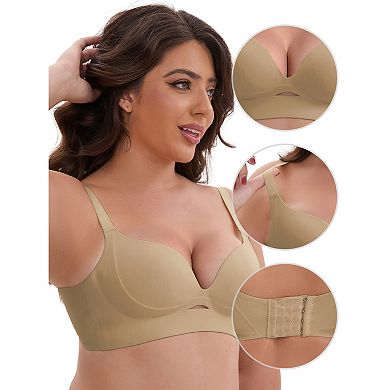 3 Packs Women's Wireless Deep V-Neck Push Up Minimizers Adjustable Spaghetti Straps No Show Bras