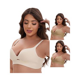 3 Packs Women's Wireless Deep V-Neck Push Up Minimizers Adjustable Spaghetti Straps No Show Bras