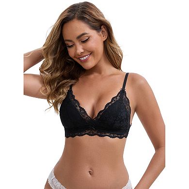 3 Packs Women's Lace Plunge Wireless Bras Back Closure Adjustable Spaghetti Straps Triangle Bra
